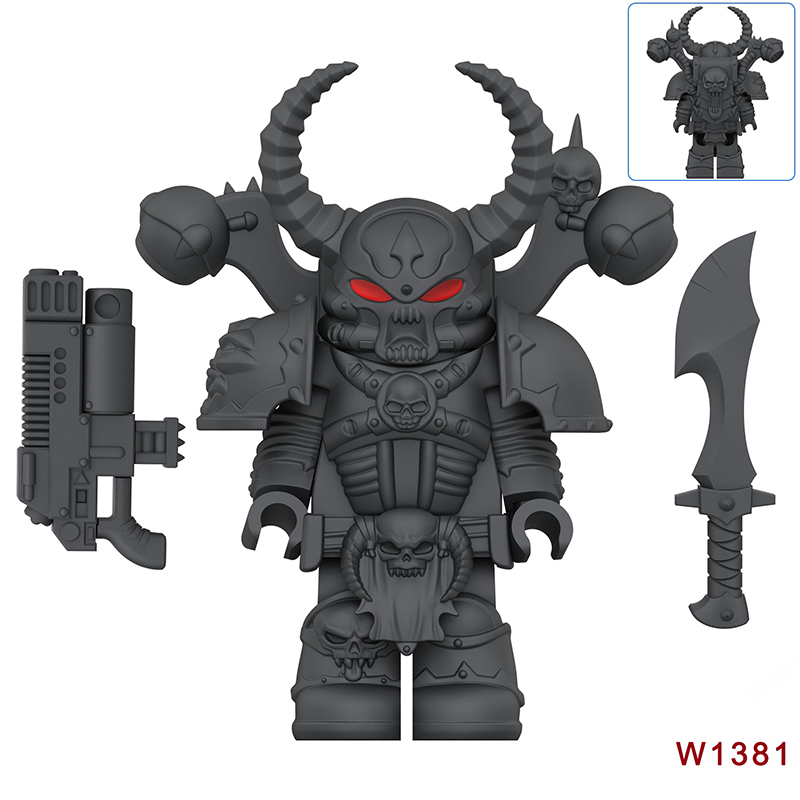 Dark Warhammer 40K Black Legion Horned Demon Soldiers Minifigs Chaos Space Marines Building Blocks Bricks Toys W1381-1392