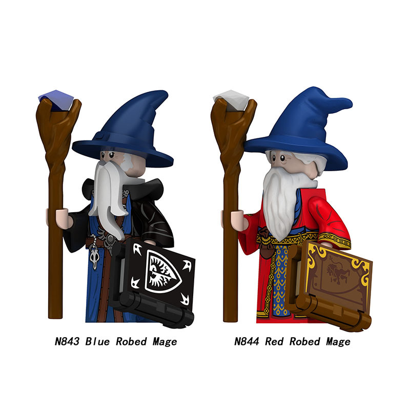 Medieval Blue Red Robed Mage Minifigs Classical  Soldiers Building Block Scepter Book Historical Model Toys Gifts N843 N844