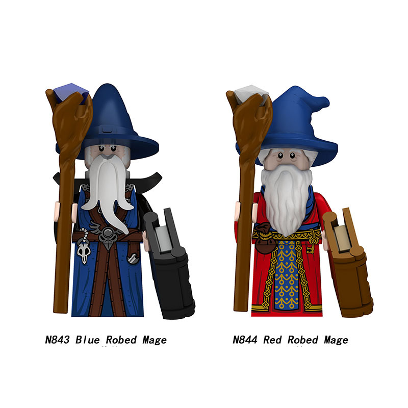 Medieval Blue Red Robed Mage Minifigs Classical  Soldiers Building Block Scepter Book Historical Model Toys Gifts N843 N844