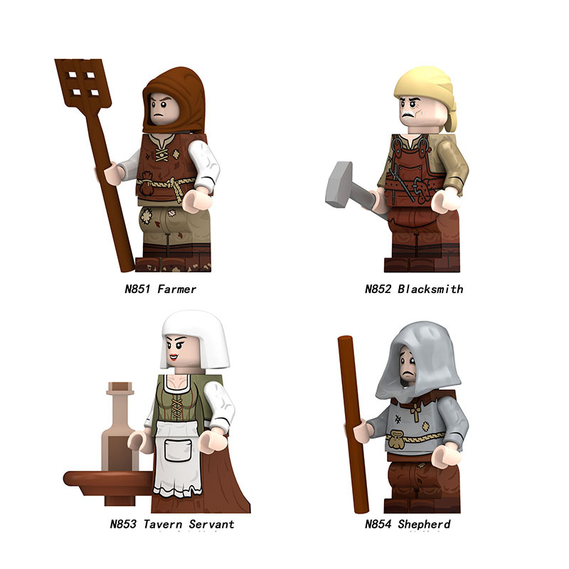 Medieval European Commoner Minifigs Building Block Farmer Blacksmith Tavern Servant Shepherd Historical Village Characters Toys Gifts N851-854