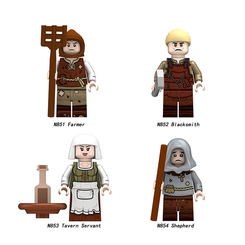 Medieval European Commoner Minifigs Building Block Farmer Blacksmith Tavern Servant Shepherd Historical Village Characters Toys Gifts N851-854