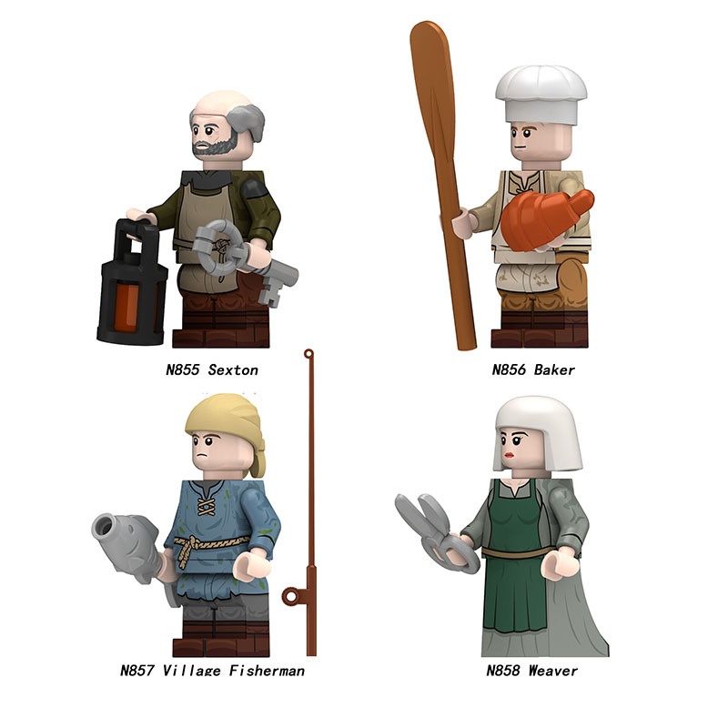 Medieval European Commoner Minifigs Building Block Sexton Baker Historical Village Fisherman Weaver Characters Toys Gifts N855-858