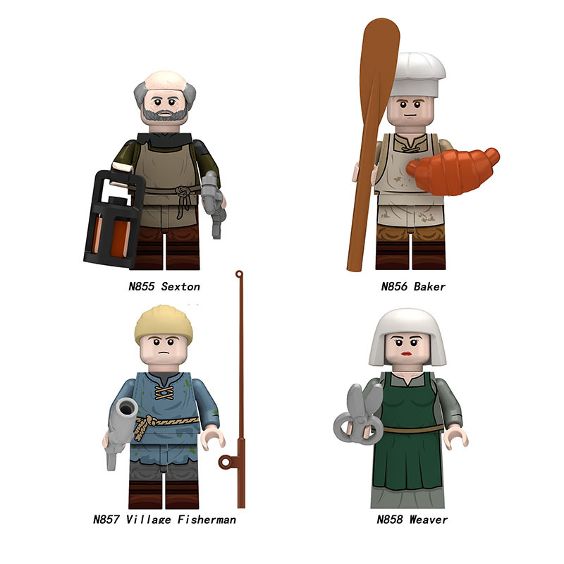 Medieval European Commoner Minifigs Building Block Sexton Baker Historical Village Fisherman Weaver Characters Toys Gifts N855-858