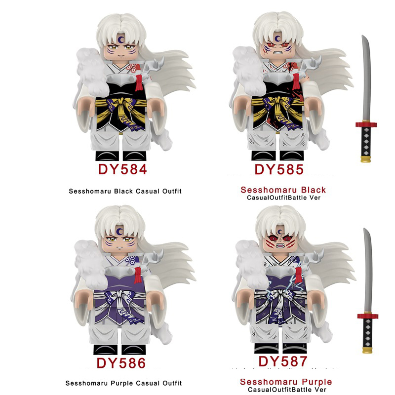 Japanese Anime Sesshomaru Battle Version Minifigs Building Block Character Collectible White Hair Armor Outfit Samurai Sword Accessory Toys Gifts DY584-587