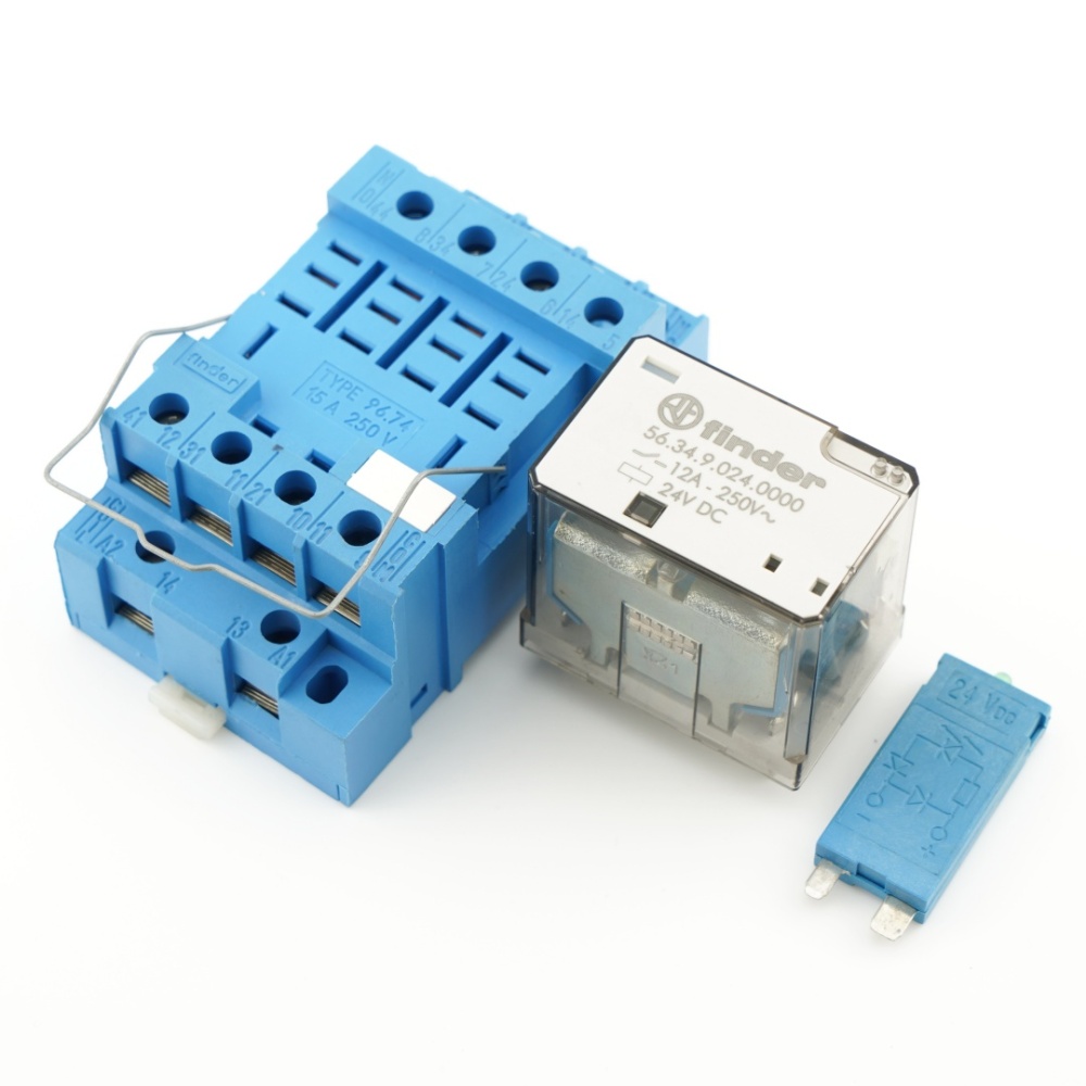 Finder 56.34.8.024.0000 Relays with TYPE 96.74 Sockets and 99.01.9.024.99 LED light