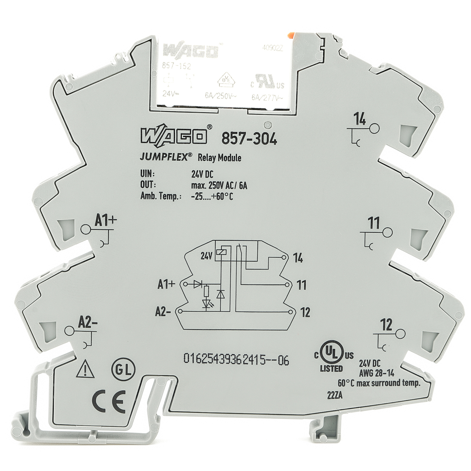 WAGO 857-152+857-304 Relay Module Kit 24VDC 6A 250VAC SPDT DIN Rail Moint