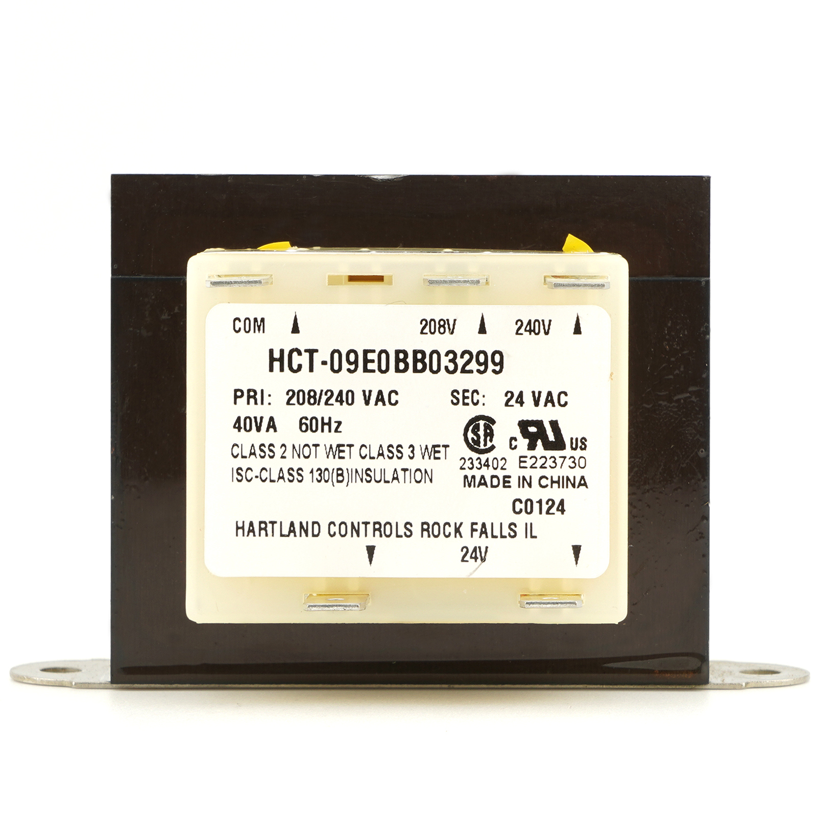 Hartland Controls HCT-09E0BB03299 40VA 208V 240V to 24V for HVAC Transformer UL Certified