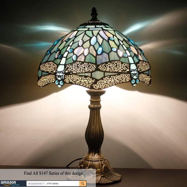 Tiffany Lamp Table Lamp Sea Blue Stained Glass Dragonfly Style Luxurious Boho Banker Memory Lamp Sympathy Nightstand Reading Desk Light 18 Inch Tall WERFACTORY Bedside Bedroom Living Room Farmhouse Hotel
