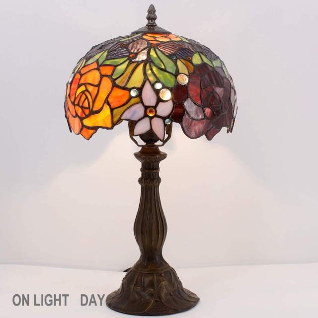 Tiffany Style Table Lamp Bedside Stained Glass Lamp Red Rose Desk Reading Light 18 Inch Tall Decorative Living Room Bedroom Vintage Library Banker Traditional Boho Victorian WERFACTORY LED Bulb Included