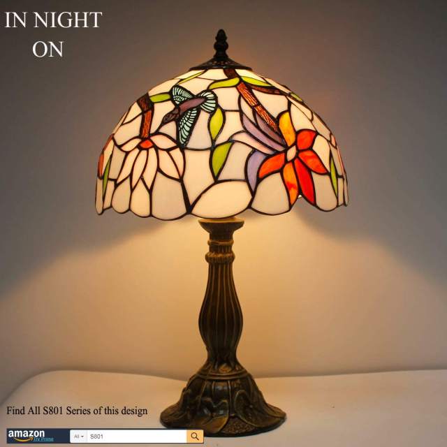Table Lamp Stained Glass Hummingbird Tiffany Style Bedside Reading Desk Colorful Downlight 18 Inch Tall WERFACTORY Lover Living Room Bedroom Coffee Bar Antique Vintage Library Banker Traditional Decorative