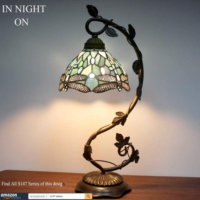 Tiffany Lamp - Bedside Lamp with Stained Glass Shade, Sea Blue Dragonfly Table Lamp with Antique Metal Leaf Thin Base for Small Space of Living Room, Bedroom, Banker Desk Light (LED Bulb Included)