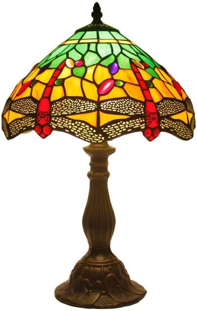 Tiffany Table Lamp Bedside Lamp Green Yellow Stained Glass Dragonfly Style Antique Desk Light 18 Inch Tall Living Room Bedroom Vintage Library Banker Victorian Memory Sympathy WERFACTORY LED Bulb Better
