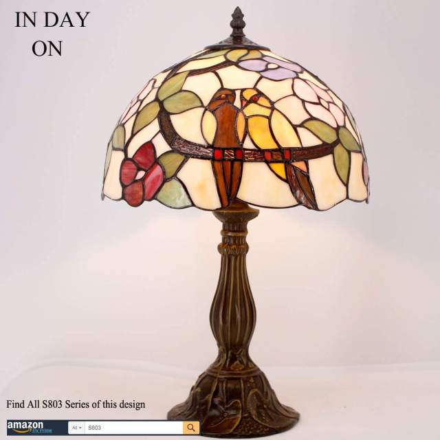 Tiffany Table Lamp Stained Glass Bedside Lamp Double Tropical Birds Desk Reading Light 18 Inch Tall Lover Accent Living Room Bedroom Study Coffee Bar Banker Memory Sympathy WERFACTORY LED Bulb Included
