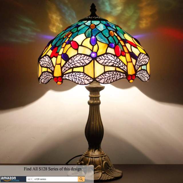 Tiffany Lamp Table Bedside Lamp Sea Blue Yellow Stained Glass Dragonfly Style Antique Nautical Reading Desk Light 18 inch Tall Bedroom Living Bedroom Victorian Memory Type WERFACTORY LED Bulb Included