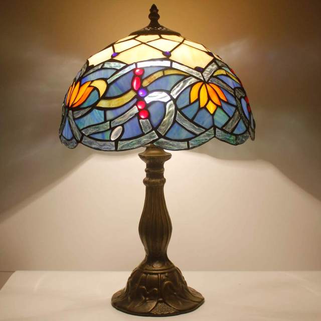 Tiffany Table Bedside Lamp Stained Glass Lamp Antique Style Blue Lotus Desk Reading Light 18 inch Tall Living Room Bedroom Library Banker Boho Victorian Memory Sympathy Type WERFACTORY LED Bulb Included