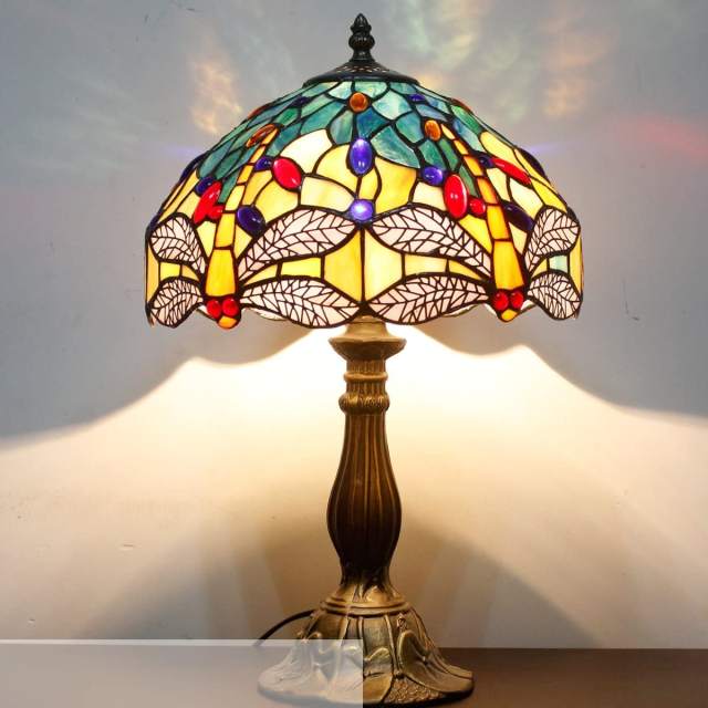 Tiffany Lamp Table Bedside Lamp Sea Blue Yellow Stained Glass Dragonfly Style Antique Nautical Reading Desk Light 18 inch Tall Bedroom Living Bedroom Victorian Memory Type WERFACTORY LED Bulb Included