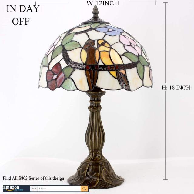 Tiffany Table Lamp Stained Glass Bedside Lamp Double Tropical Birds Desk Reading Light 18 Inch Tall Lover Accent Living Room Bedroom Study Coffee Bar Banker Memory Sympathy WERFACTORY LED Bulb Included