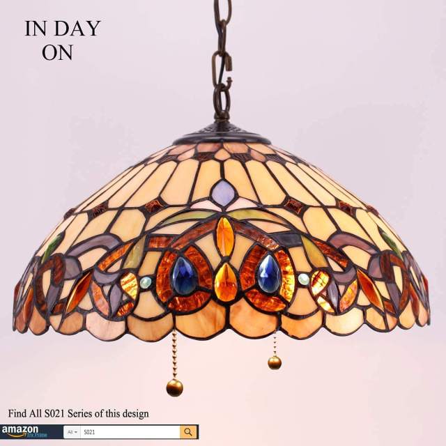 Tiffany Pendant Lighting for Kitchen Island Fixture Industrial Rustic Chandelier Large LED Swag Farmhouse 16 inch Serenity Victorian Stained Glass Shade Boho Hanging Lamp Bedroom Living Dining WERFACTORY