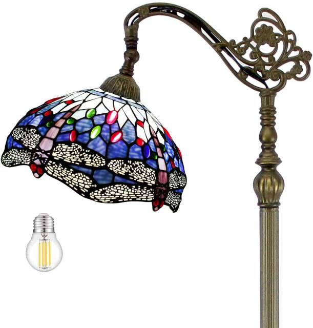 Tiffany LED Floor Lamp 64 inch Tall Industrial Pole Vintage Boho Dragonfly Stained Glass Arc Standing Corner Bright Reading Light Arched Gooseneck Adjustable Living Room Kids Bedroom Farmhouse WERFACTORY