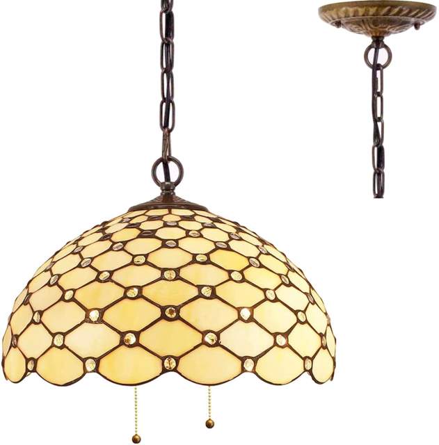 Tiffany Pendant Lighting for Kitchen Island Fixture Industrial Rustic Chandelier Large Swag Farmhouse 16 inch Amber Stained Glass Pear Bead Shade Boho Hanging Lamp Bedroom Living Dining Room WERFACTORY