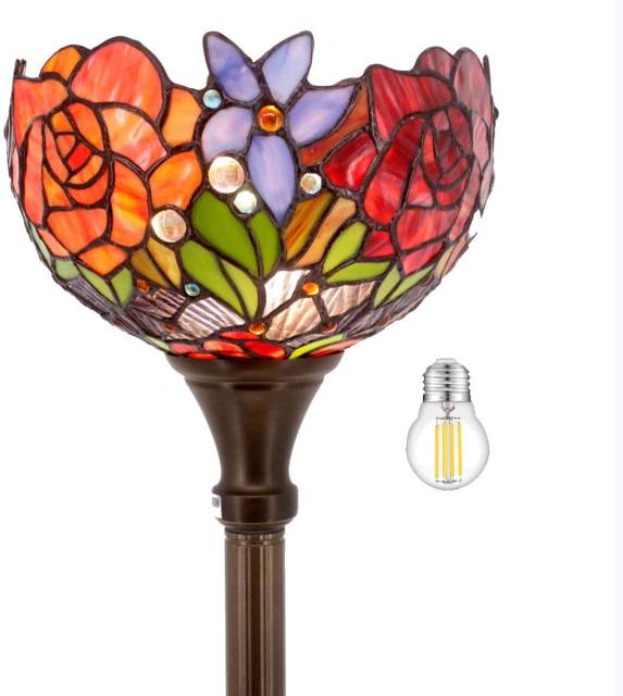 Tiffany Floor Torchiere Lamp LED 66 inch&quot; Tall Industrial Bronze Pole Vintage Boho Stained Glass Red Rose Retro Rustic Standing Uplight Corner Bright Torch Light Living Room Kids Bedroom Office WERFACTORY
