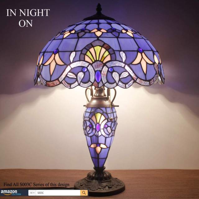 Rustic Tiffany Style Large Table Lamp with Nightlight 24 Inch Tall Blue Purple Lavender Stained Glass Baroque Vintage Base Living Room Bedroom Bedside Nightstand Home WERFACTORY Led Bulb Included