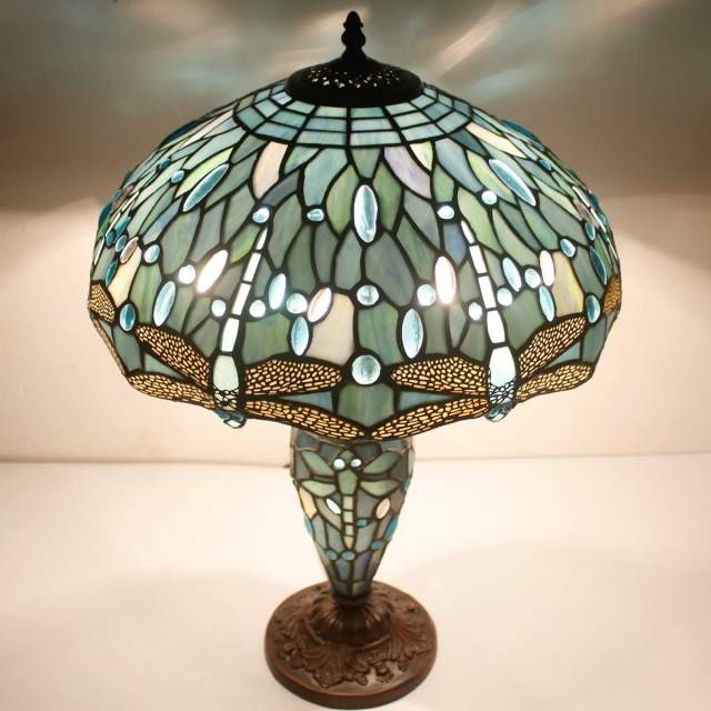 Tiffany Table Lamp with Nightlight Rustic Large 24 Inch Tall Sea Blue Stained Glass Dragonfly Style Vintage Base Living Room Bedroom Bedside Nightstand Home Office Family WERFACTORY Led Bulb Included