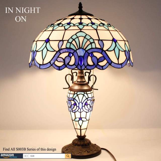 Tiffany Style Rustic Large Table Lamp with Nightlight 24 Inch Tall Blue White Stained Glass Baroque Vintage Base Lover Living Room Bedroom Bedside Nightstand Home Office Family WERFACTORY Led Bulb Better