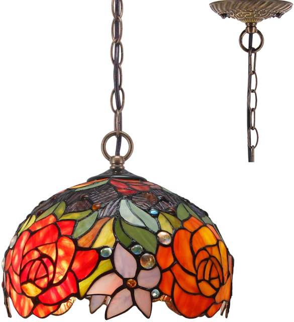Tiffany Pendant Lighting for Kitchen Island Fixture 12 inch Red Yellow Stained Glass Rose Shade Industrial Boho LED Pendant Lamp Rustic Farmhouse Art Chandelier Swag Hallway Living Dining Room WERFACTORY