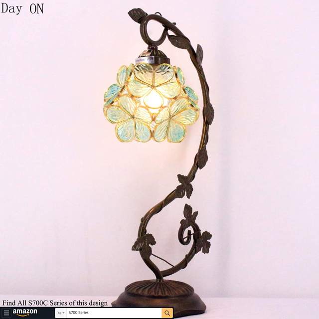 Tiffany Style Bedside Lamp, Stained Glass Table Lamp, Navy Petal Copper Reading Desk Light, Metal Leaf Thin Base 21 Inch Tall for Small Space Living Room, Bedroom, Coffee Bar WERFACTORY LED Bulb Included