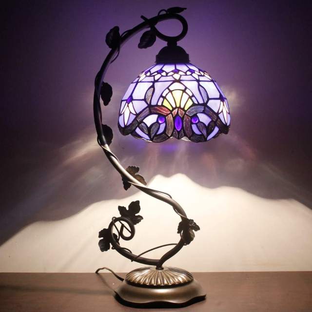 Bedside Table Lamp, Stained Glass Lamp Minimalist Tiffany Style Banker Desk Light with Metal Leaf Thin Base for Small Space of Living Room, Bedroom, Kids Room,Dorm, Dresser, Office(LED Bulb Included)