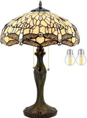 Tiffany Lamp Bedside Cream Stained Glass Table Lamp Dragonfly Style Shade Metal Base 24 Inch Tall Large Lover Friend Memory Lamp Sympathy Cute Desk Light Living Room Bedroom WERFACTORY LED Bulb Included