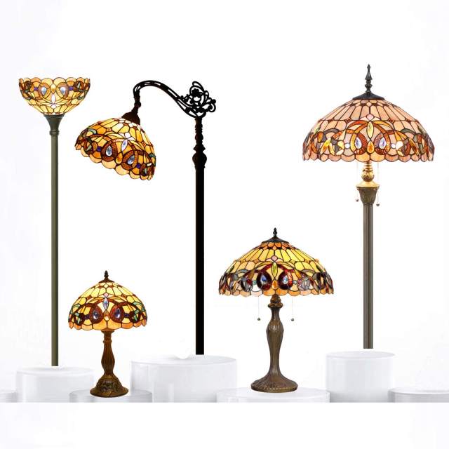 Tiffany Style Table Lamp Colorful Stained Glass Shade Metal Base Serenity Victorian Luxurious 24 Inch Tall Large Antique Desk Bedside Light Lover Kid Living Room Bedroom Bar WERFACTORY LED Bulb Included