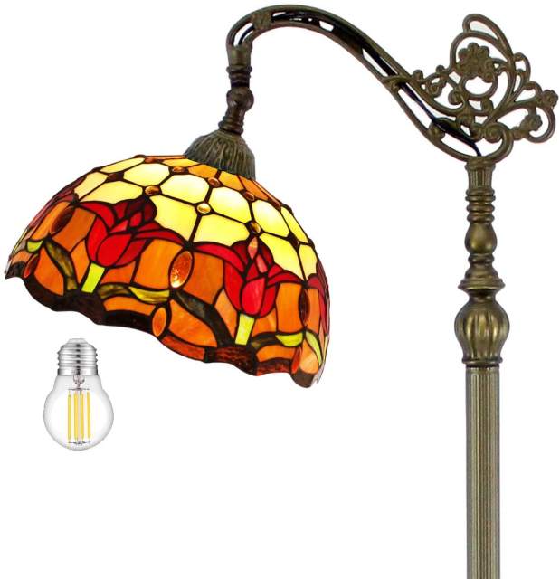 Tiffany Floor Lamp LED 64 inch Tall Industrial Pole Vintage Boho Stained Glass Tulip Standing Corner Bright Reading Light Arched Gooseneck Adjustable - Living Room Kids Bedroom Office Farmhouse WERFACTORY