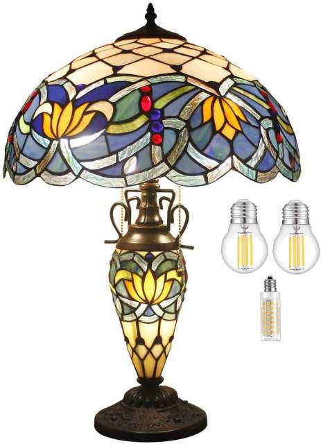 Tiffany Lamp with Nightlight Rustic Large Blue Stained Glass Lotus Table Lamp Desk 24 Inch Tall Vintage Base Lover Living Room Bedroom Bedside Nightstand Home Office Family WERFACTORY Led Bulb Included