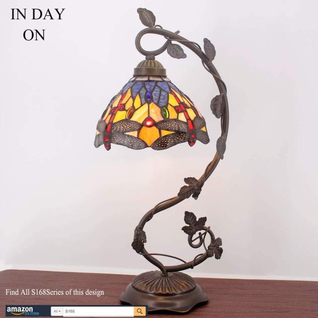 Tiffany Table lamp Banker Stained Glass Lamp, Bedside Lamp Blue Yellow Dragonfly Country Style Desk Light with Metal Leaf Thin Base 21 Inch Tall for Living Bedroom Farmhouse WERFACTORY LED Bulb Included