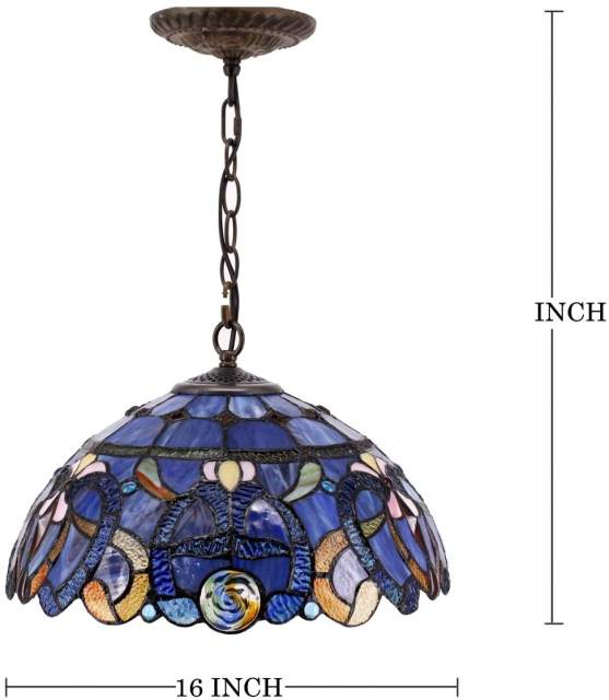 Tiffany Pendant Lighting for Kitchen Island Large Fixture Industrial Rustic LED Chandelier Swag Farmhouse 16 inch Blue Purple Stained Glass Shade Boho Hanging Lamp Bedroom Living Dining Room WERFACTORY