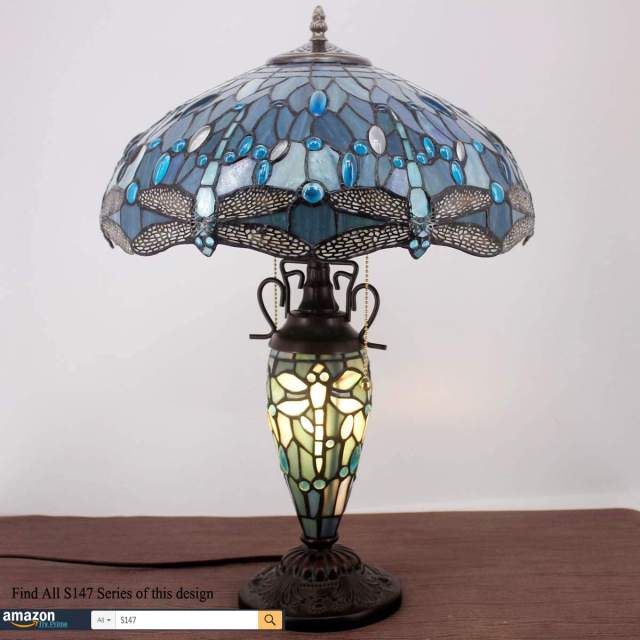 Tiffany Table Lamp with Nightlight Rustic Large 24 Inch Tall Sea Blue Stained Glass Dragonfly Style Vintage Base Living Room Bedroom Bedside Nightstand Home Office Family WERFACTORY Led Bulb Included