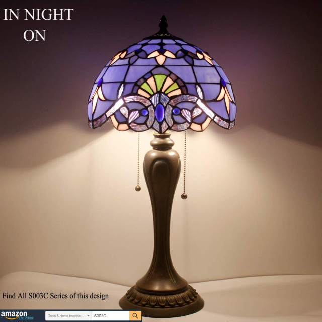 Tiffany Table Lamp Blue Purple Baroque Lavender Stained Glass Boho Victorian Style Shade Resin Base 22 Inch Tall Bedside Thin Desk Light Living Room Bedroom Antique Lover WERFACTORY Led Bulb Included