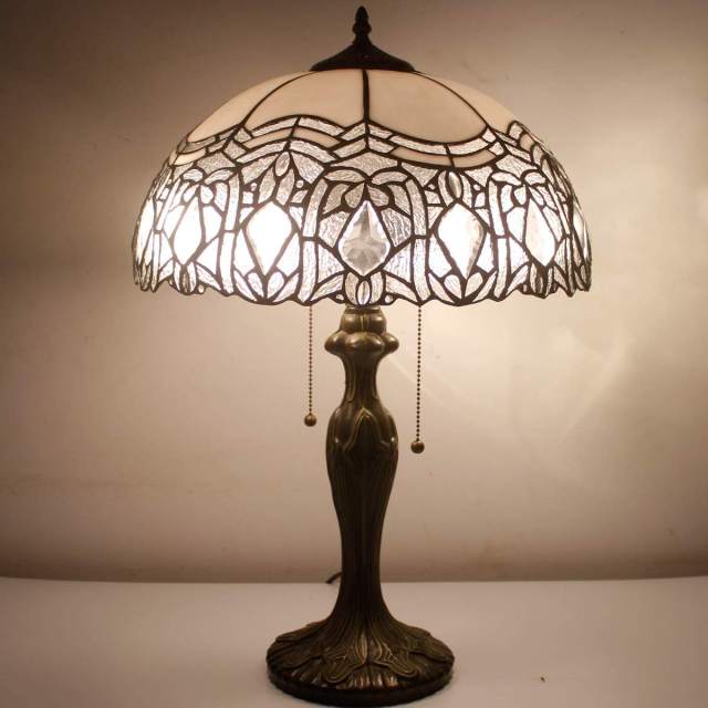 Tiffany Style Table Lamp Stained Glass White Crystal Shade Metal Base 24 Inch Tall Antique Large Luxurious Bedside Desk Reading Light WERFACTORY Memory Lamps Sympathy Living Room Bedroom Bar Banker Library