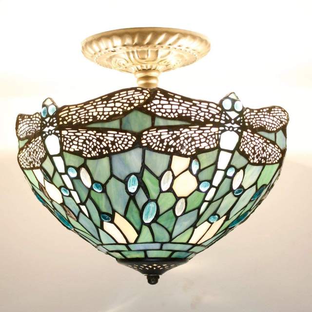 Tiffany Ceiling Light Fixture Semi Flush Mount 12 Inch Sea Blue Stained Glass Dragonfly Cover Shade Overhead Close to Island Hanging Lamp Decor Bedroom Kitchen Dining Living Room Entry Hallway WERFACTORY