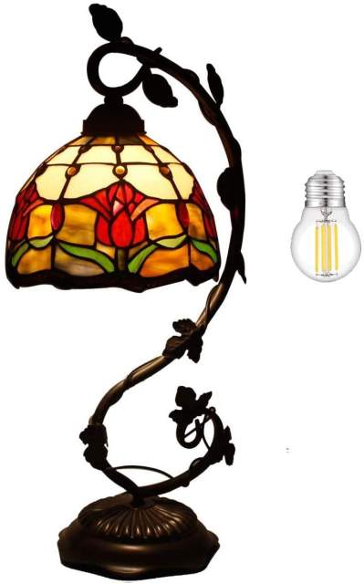 Tiffany Lamp Table Stained Glass Beside Lamp, Farmhouse Nightstand Desk Tulip Light 21 Inch Tall Thin Rustic Metal Leaf Base Living Bedroom Coffee Bar Industrial Boho Country WERFACTORY LED Bulb Included