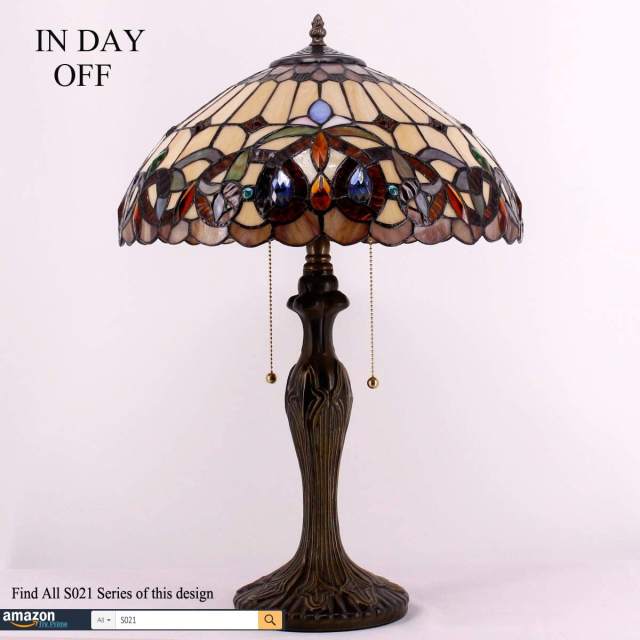 Tiffany Style Table Lamp Colorful Stained Glass Shade Metal Base Serenity Victorian Luxurious 24 Inch Tall Large Antique Desk Bedside Light Lover Kid Living Room Bedroom Bar WERFACTORY LED Bulb Included