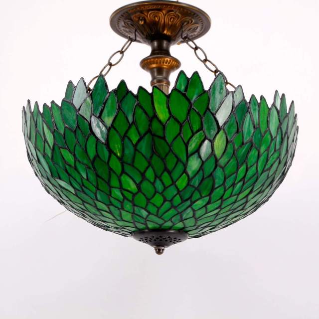 Tiffany Ceiling Light Fixture Semi Flush Mount 16 Inch Green Stained Glass Wisteria Shade Island Boho Hanging Lamp Close to Dome Decor Bedroom Kitchen Dining Living Room Entry Foyer Hallway WERFACTORY