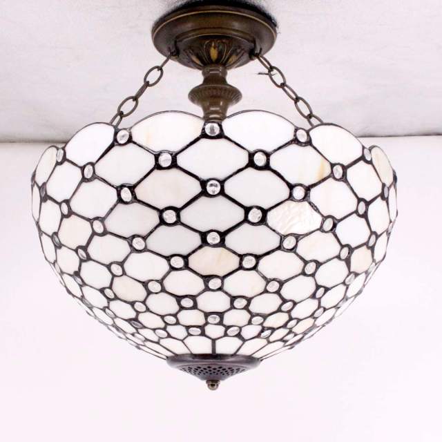 Tiffany Ceiling Light Fixture Semi Flush Mount 16 Inch Amber Stained Glass Pearl Bead Shade Island Hanging Lamp Close to Dome Boho Decor Bedroom Kitchen Dining Living Room Entry Foyer Hallway WERFACTORY