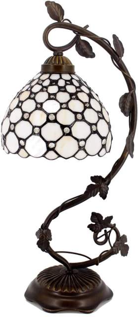 Bedside Lamp Stained Glass Shade Tiffany Table Lamp Banker, Cute Cream Pearl Style Desk Light with Metal Leaf Thin Base 21 Inch Tall for Reading Living Room Bedroom Farmhouse WERFACTORY LED Bulb Better