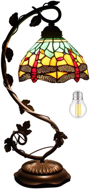 Bedside Lamp Tiffany Style Stained Glass Table Lamp, Green Yellow Dragonfly Antique Banker Desk Light With 21 Inch Tall Thin Metal Leaf Base - Bedroom Living Room Accent Hotel WERFACTORY LED BULB Included