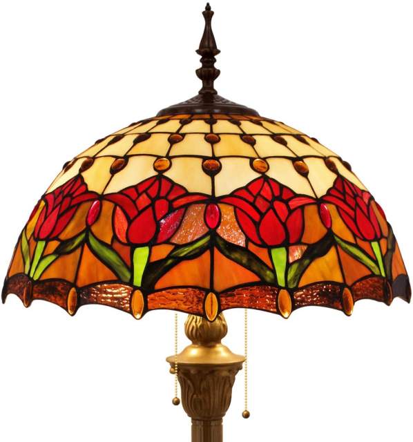 Tiffany Floor Lamp Antique Bright Standing Reading Light 64 inch" Tall Stained Glass Tulip Flower Shade Boho Industrial Bronze Pole Vintage Base Kids Bedroom Living Room Corner Farmhouse Office WERFACTORY