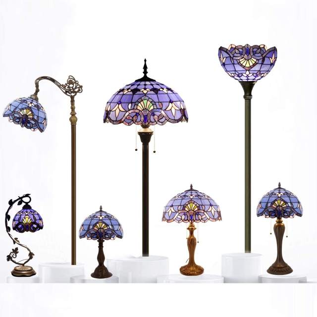 Tiffany Ceiling Light Fixture Semi Flush Mount 16 Inch Blue Purple Lavender Stained Glass Baroque Shade Island Boho Hanging Lamp Decor Bedroom Kitchen Dining Living Room Entry Foyer Hallway WERFACTORY