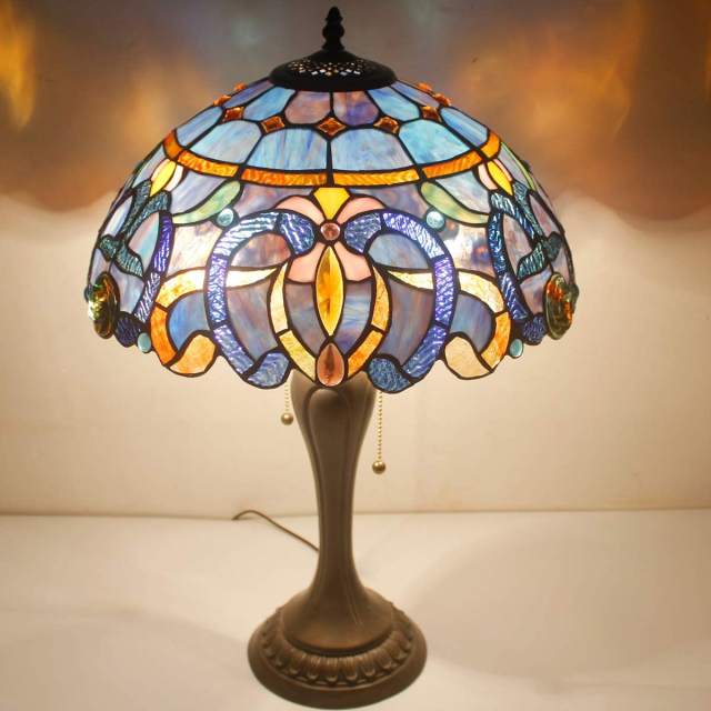 Tiffany Lamp Living Room Table Top Stained Glass Style Bedside Lamp Bedroom Industrial 24 Inch Metal Base Large Farmhouse Desk Light Blue Purple Cloud Memory Lamp Sympathy WERFACTORY LED Bulb Included